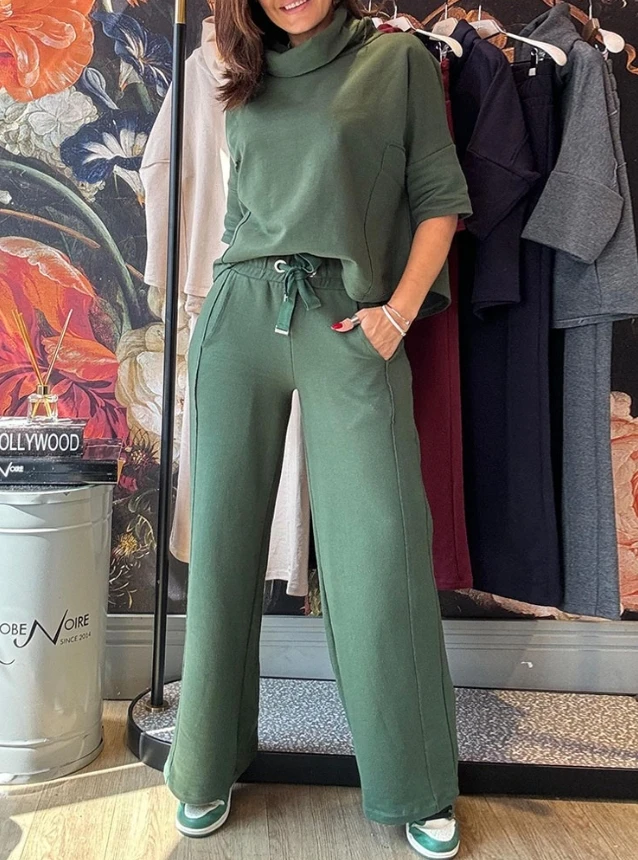 Leisure Two Piece Set for Women Green Commuter High Collar Half Sleeve Loose Top Pocket Wide Leg Straight Leg Women\'s Pants Set