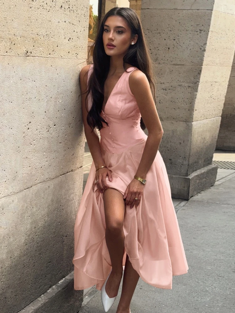 XIAOTANG สีชมพู V คอ Backless เซ็กซี่ Maxi ชุดผู้หญิงชุดแฟชั่นแขนกุด A-Line จีบ Club Party ชุดยาว