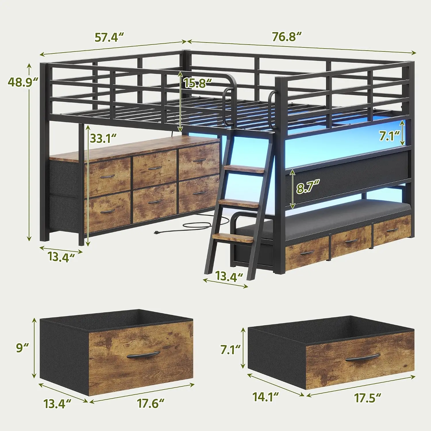 Full Size Low Loft Bed with Desk and 9 Storage Drawers, Rustic Brown | Loft Bed Full Size with 15.8