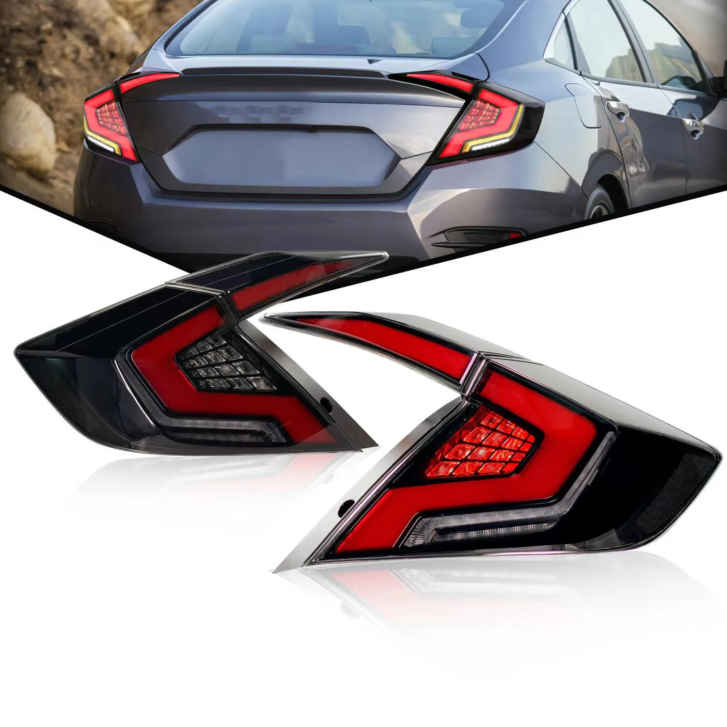 

Pop 1Pair Taillight For Honda Civic Sedan Car LED Tail Light 2017 - 2020 Rear Fog Lamp + Brake Light + Reverse + Dynamic Turn Si