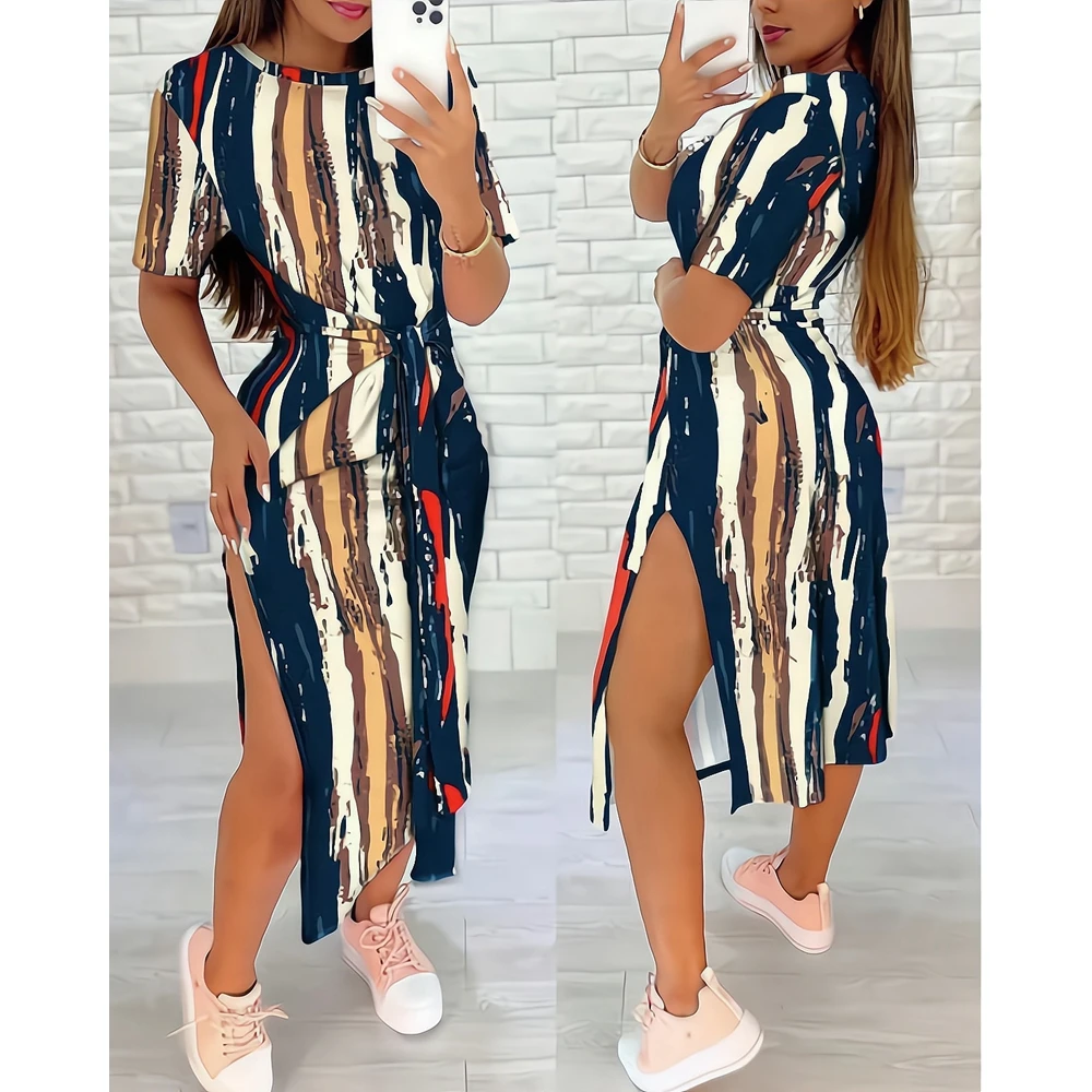 

Abstract Striped Print Short Sleeve Lace-up Knotted Casual Midi Dresses for Women Femme Vintage Sexy High Split Party Dress