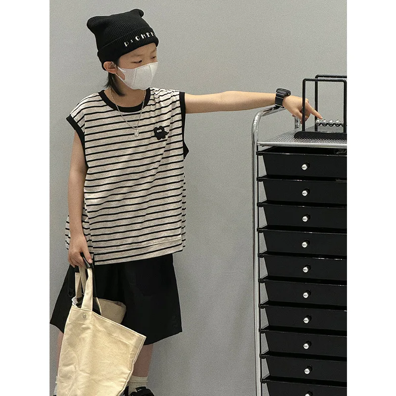 

Children's Vest 2024 Summer New Boys' and Girls' Striped Printed Vest Top Fashion