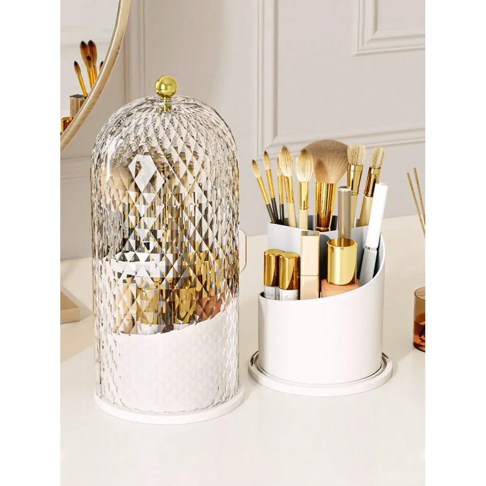 Transparent Sliding Door Birdcage Cosmetic Storage Box 360° Rotatable Makeup Brush Organizer Holder Multi Compartment Vanity