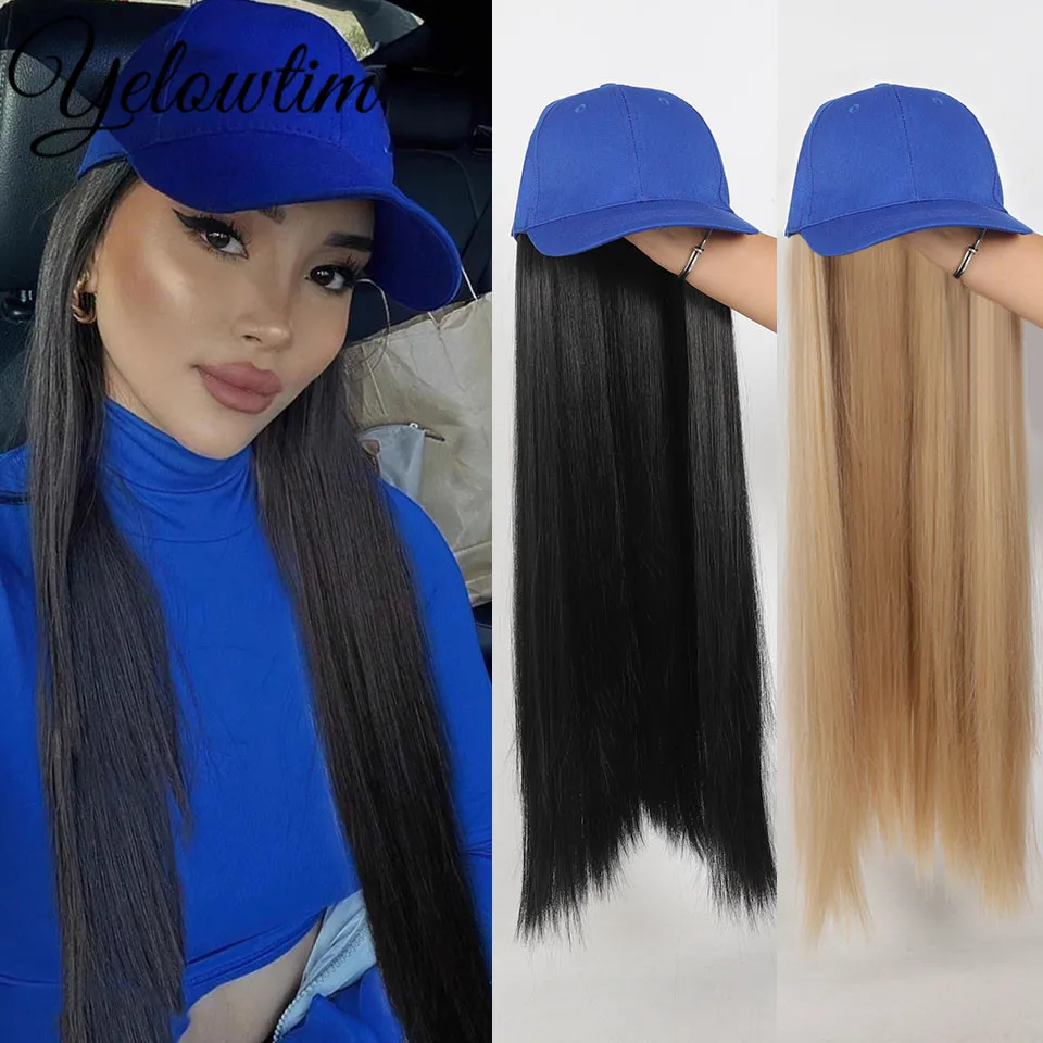 Baseball Cap with Hair Extensions Synthetic 22inch Straight Hairstyle Adjustable Wig Hat Attached Hairpiece for Woman Girl