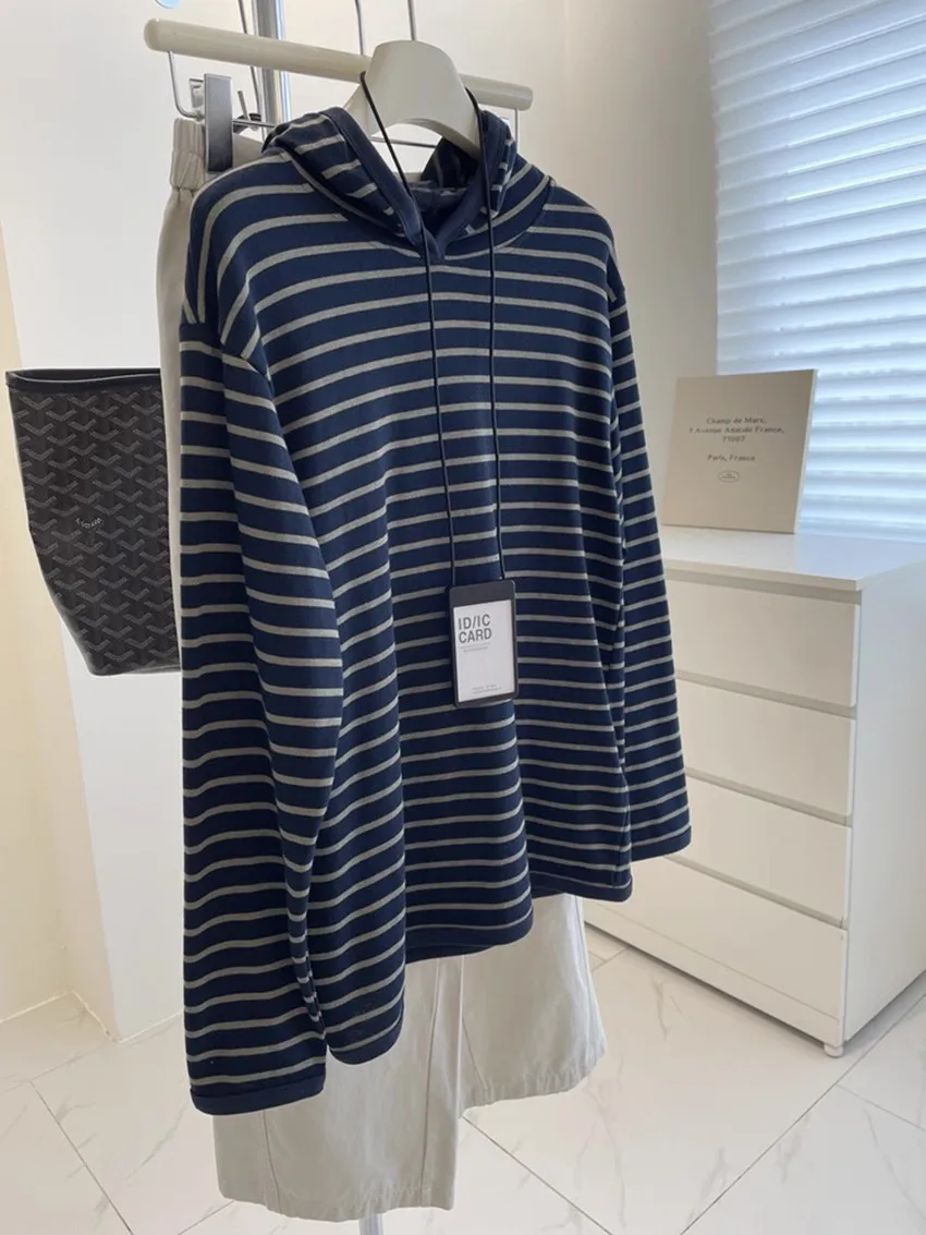 plus Size Women's Korean Style Loose Fit Hoodie Thin Spring Autumn Inner Wear Stripe Pattern Casual Comfortable Top