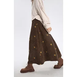 Vintage Corduroy Midi Skirts Women Floral Embroidery A Line Skirt Winter Streetwear Japanese High Waist Loose Casual Skirt