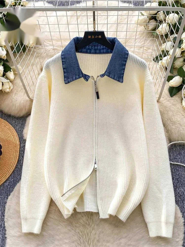 

Корейский свободный свитер-кардиган для женщин с отложным воротником, длинными рукавами, теплый, весенний, повседневный, винтажный, с джинсовыми вставками, вязаный топ