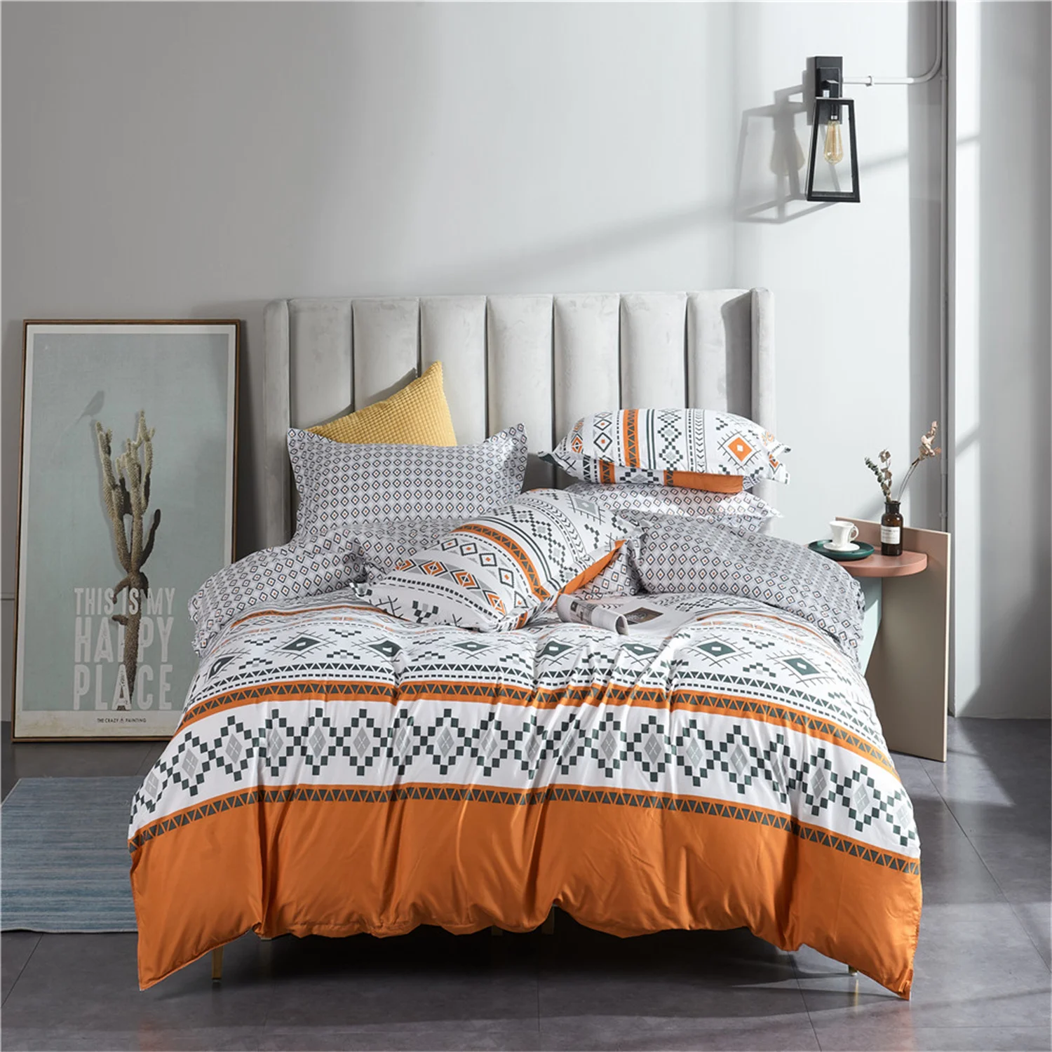 Bohemian Duvet Cover Set Full/Queen Size Boho Orange Comforter Cover Set Geometric Lightweight Soft Chic Breathable Bedding Set