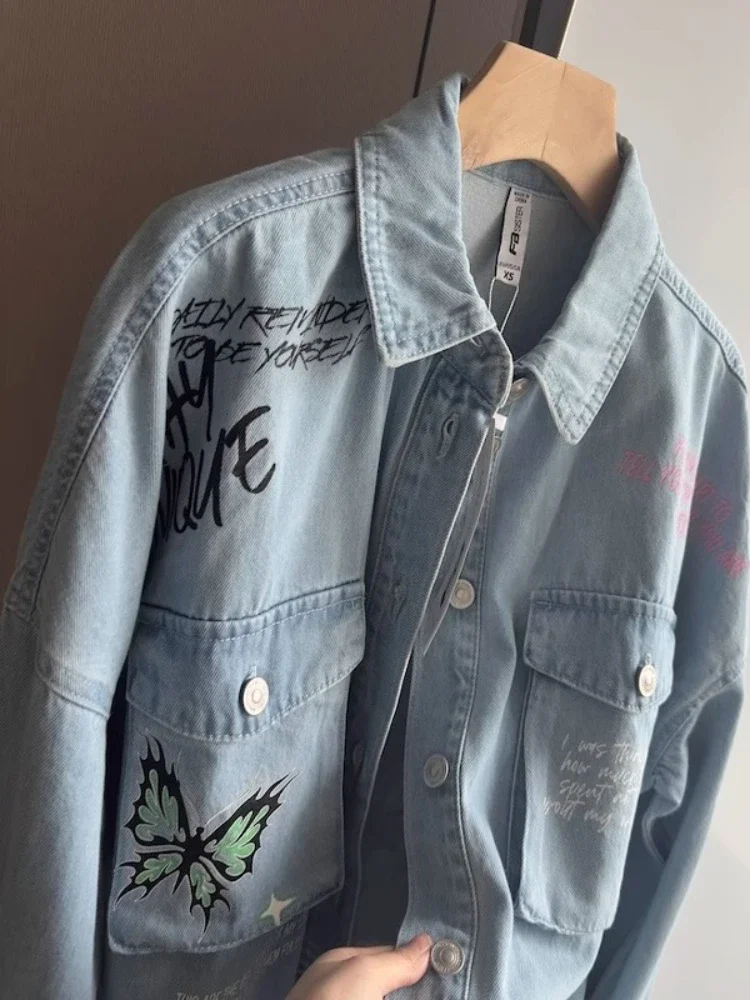 

Butterfly Neon Printed Denim Jacket Men Women Street Graffiti Couple Casual Long Sleeve Coat Spring Autumn Outerwear Chic