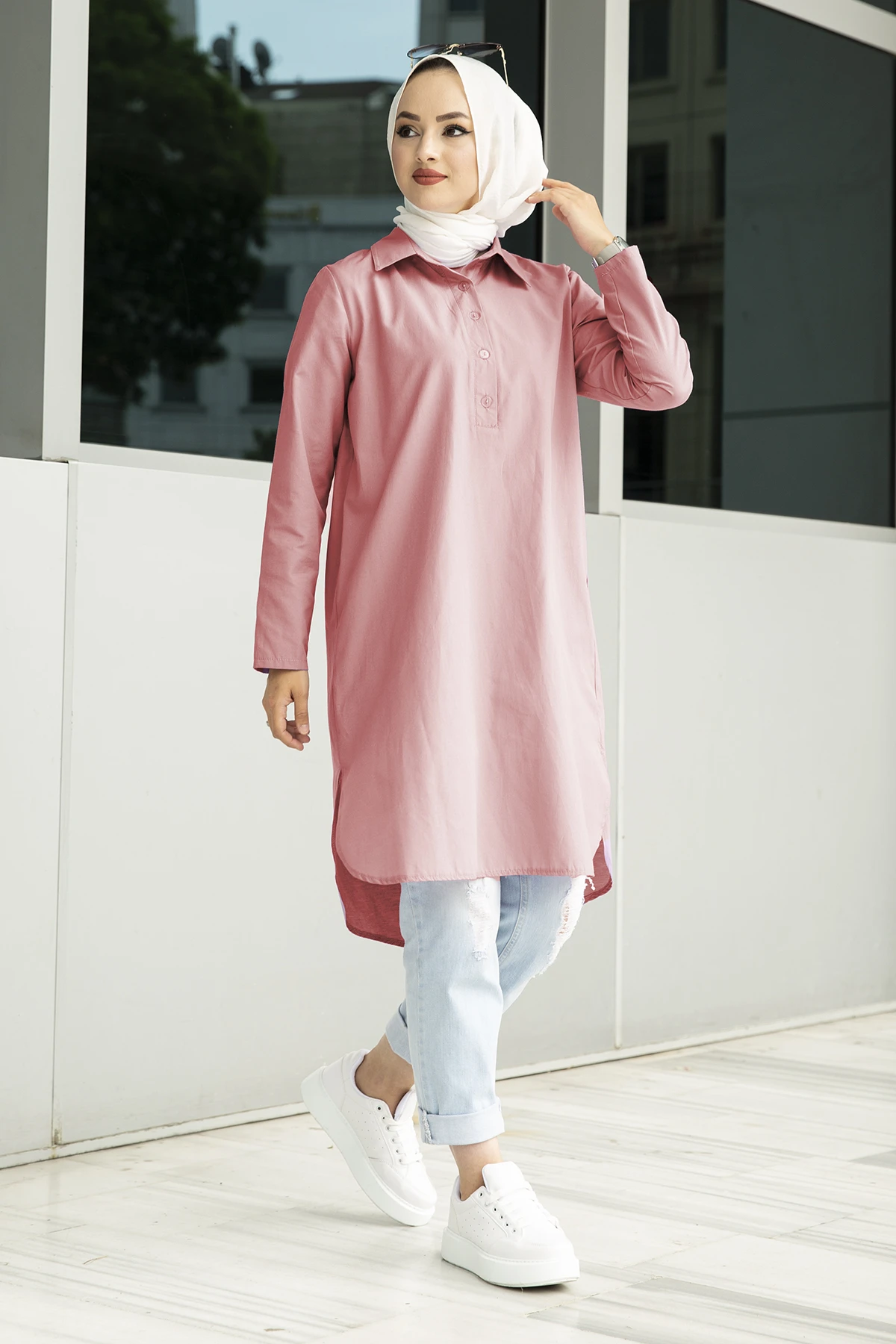 Rear V Cut Tunic MD-Dirty Pink Winter Autumn 2021 Muslim Women Hijab headscarf Islamic Turkey