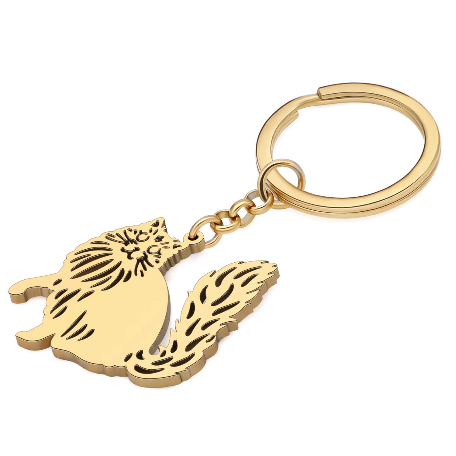 BONSNY Fluffy Ragdoll Cat Key Chains Stainless Steel Kitten Keychain Gold Plated Silver Key Ring For Women Girls Gifts