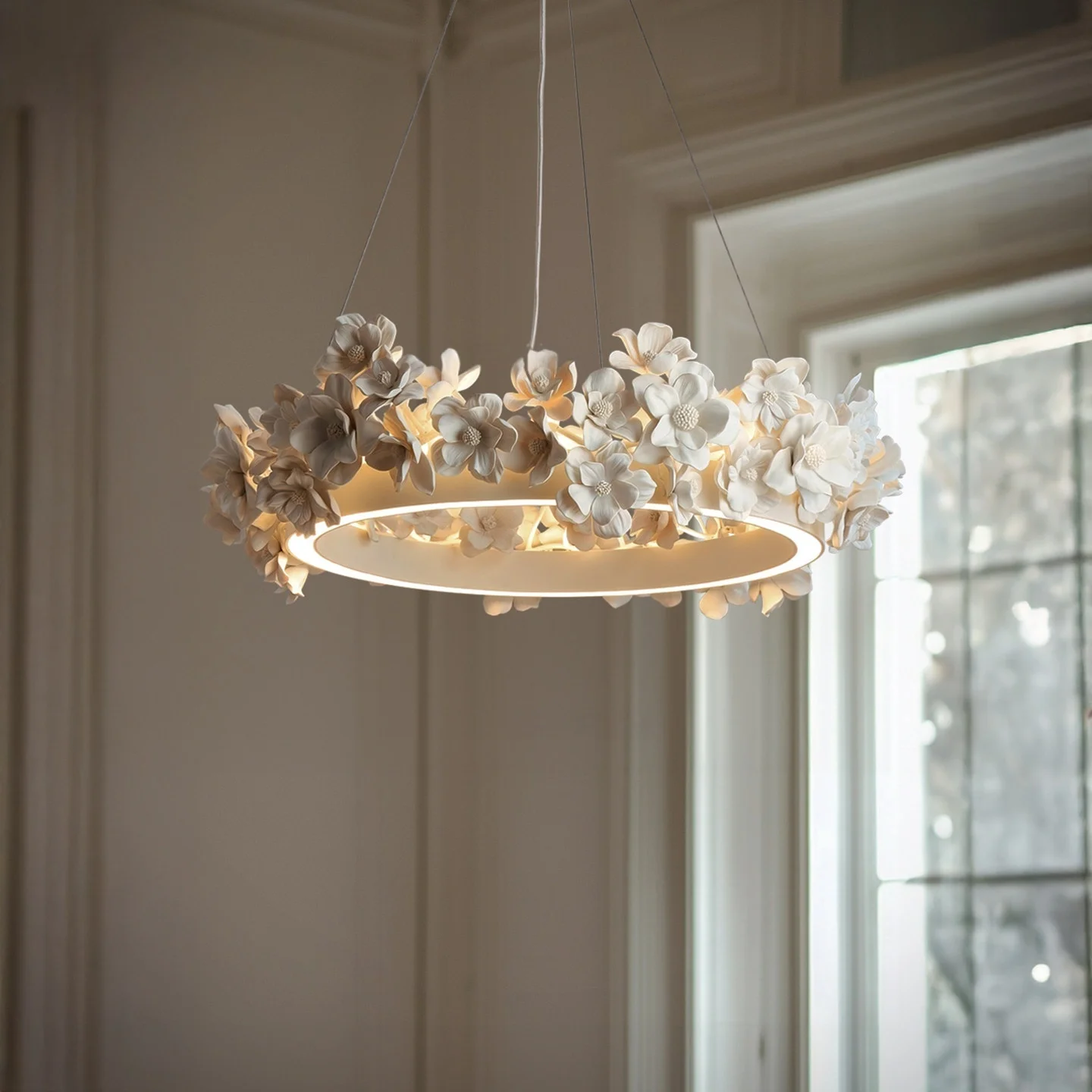 Romantic White Ceramic Flower Ring Chandelier LED Ceiling Light for Living Room Bedroom Home Decor