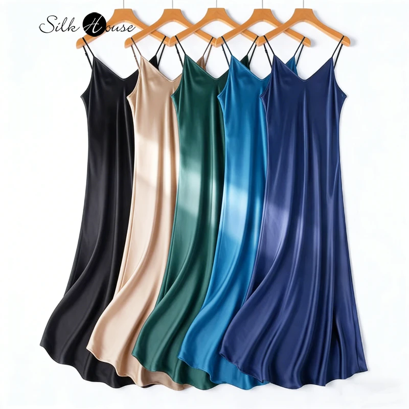 2026 Moda donna Nuovo 21MM 100% seta di gelso naturale pianura raso esteso francese sexy tracolla regolabile abito solido