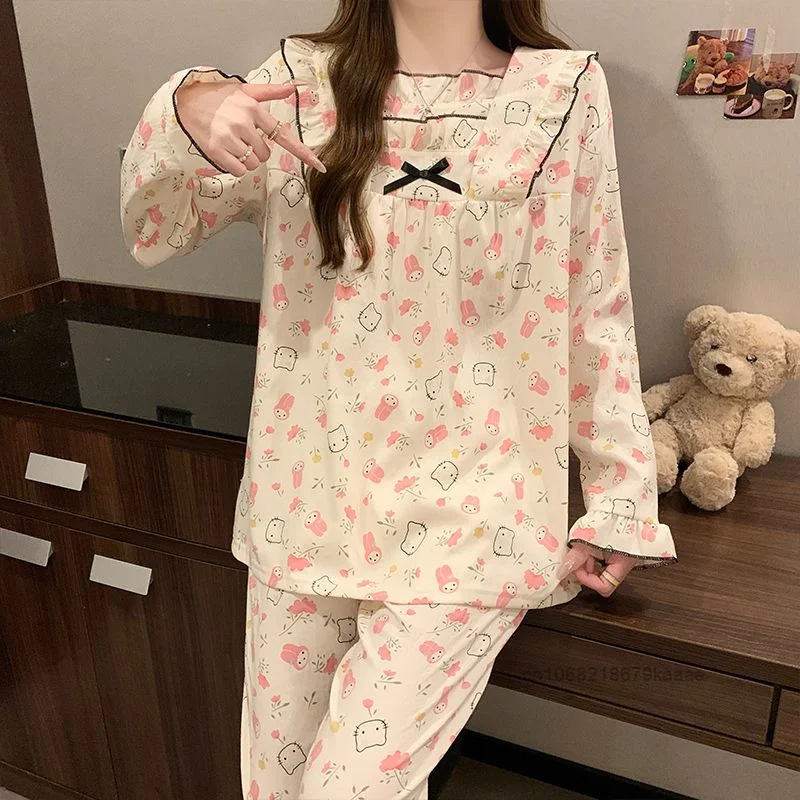 Sanrio Hello Kitty My Melody Cute Pajamas Niche Design Female Long Sleeved Sleepwear Sweet Soft Y2k Girl Harajuku Home Suit Set