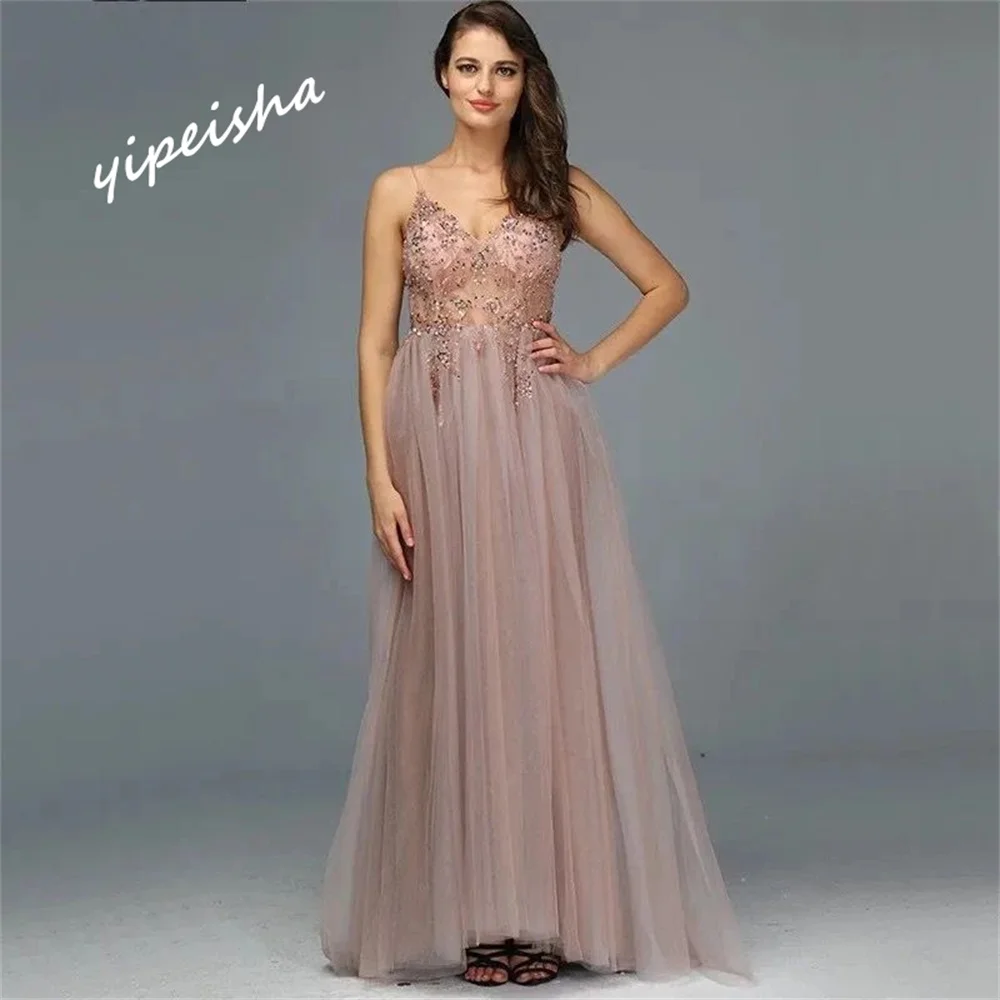 Yipeisha Prom Dress Exquisite Spaghetti Strap A-line Floor Length  Dresses Rhinestone Beading Tulle Customized 