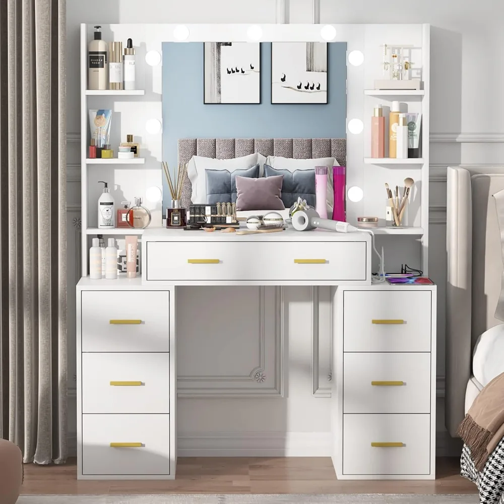 

New Upgraded Vanity Set with Lighted Mirror, 43'' Makeup Vanity with Charging Station, Vanity Desk with 9PCS LED Bulb
