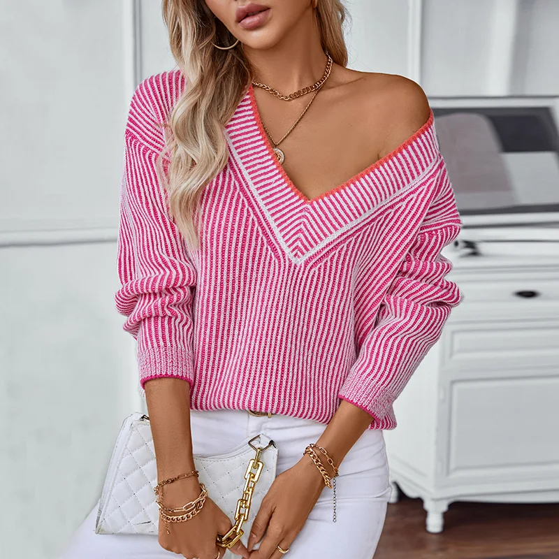 

VCollar Striped Sweaters Women's Clothing Autumn and Winter New Leisure Pullover Loose Cross-Border Foreign Trade Sweater