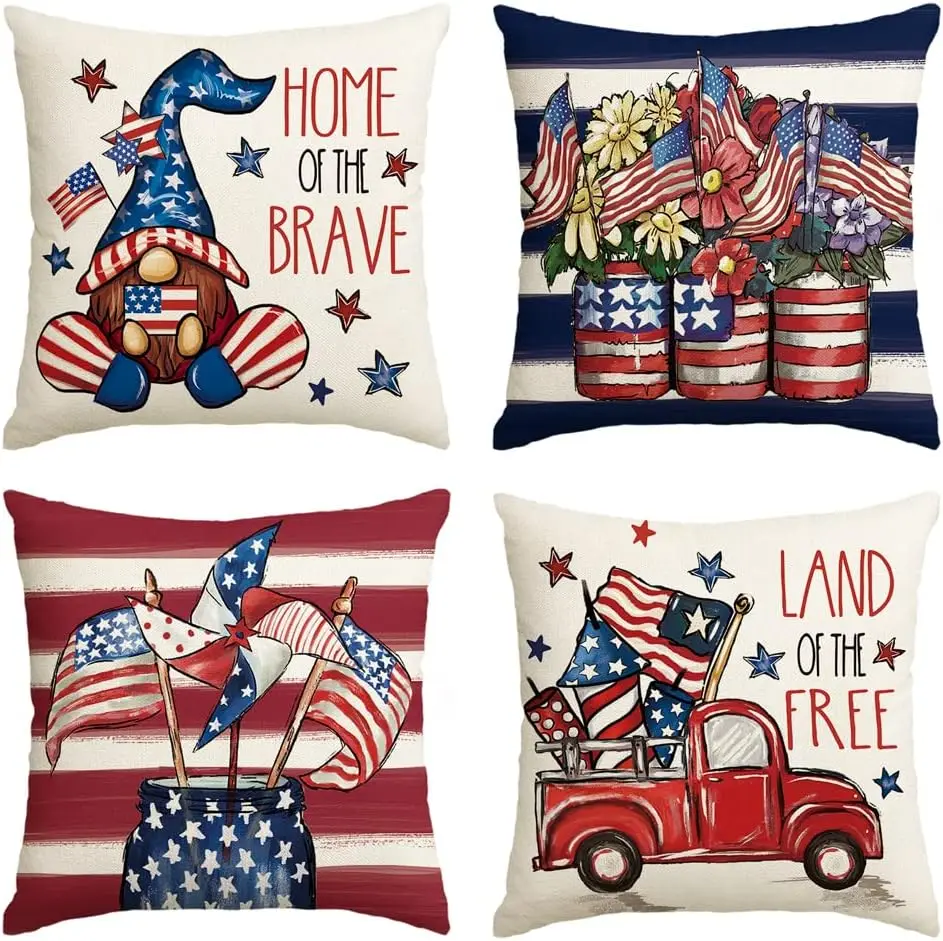 Set of 4 Patriotic Throw Pillow Covers American Flag USA Farmhouse Home Decor Cushion Set Gifts for Holiday Celebration