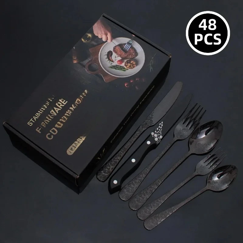 48 - Piece Patterned Stainless Steel Cutlery Set in Gift Box - Ideal for Hotels, Includes Steak Knives, Forks & Spoons
