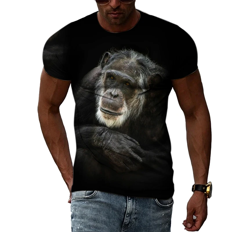 Personality Handsome Animal Monkey Pattern T-shirt Street Hip-hop Element Round Neck Top Summer New Casual Short-sleeve Clothing