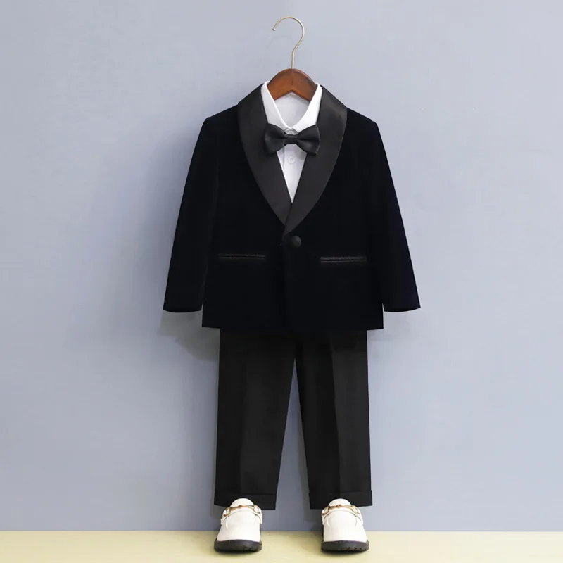 Children One Year Old Birthday Tuxedo Outfits Black Elegance Velvet Weddings Suit for Boys Gentleman Piano Performance Costume