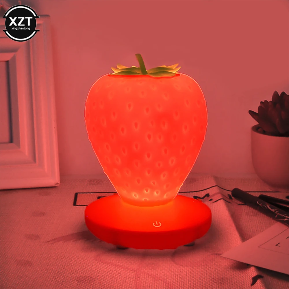 LED Strawberry Lamp for Bedroom Silicon Touch-Sensor USB Rechargeable Dimmable Idyllic Bedside Night Light for House Decoration