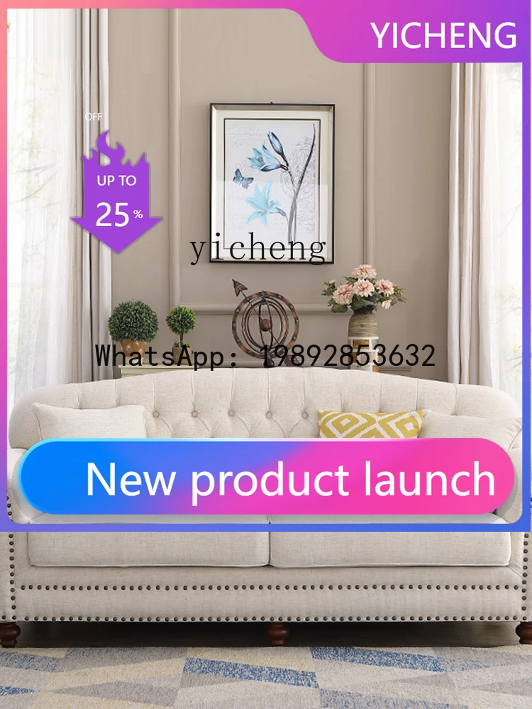 

Country Style Fabric Sofa Small Apartment Cotton Linen Pull Nest Buckle Living Room Three-Seat Combination Furniture