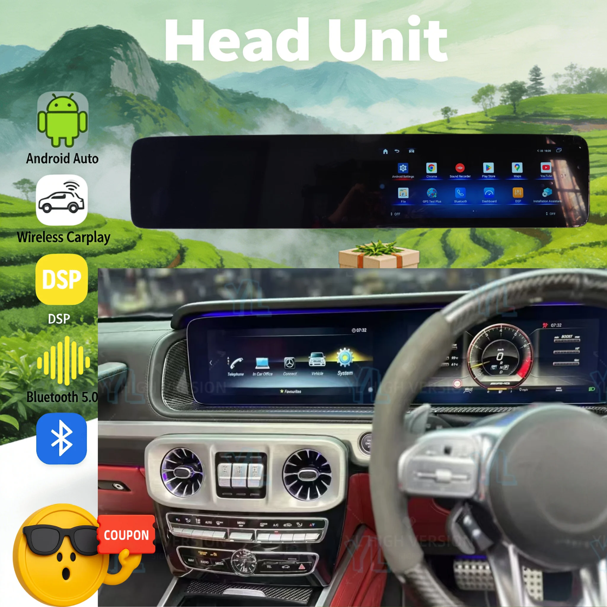 

12.3-дюймовый двойной экран CY для Mercedes-Benz G-Class W463 2020-2023, Android 13, автомобильная магнитола, мультимедийный проигрыватель, GPS, CarPlay, DSP