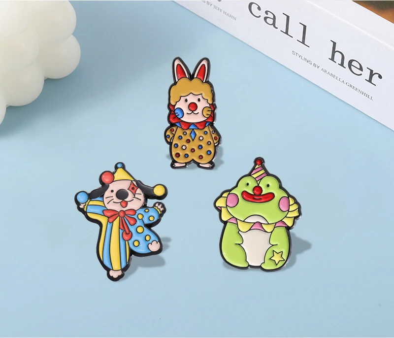 Animal Circus Enamel Pins Custom Funny Clown Goat Frog Cat Dog Brooches Lapel Badges Cartoon Animal Jewelry Gift for Friends