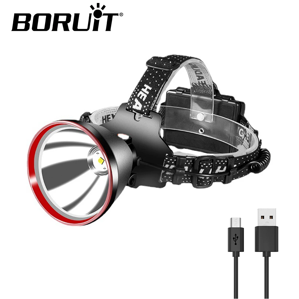 Boruit-5000lm alto farol led poderoso com bateria 18650, usb recarregável, para o trabalho, pesca, camping, tocha