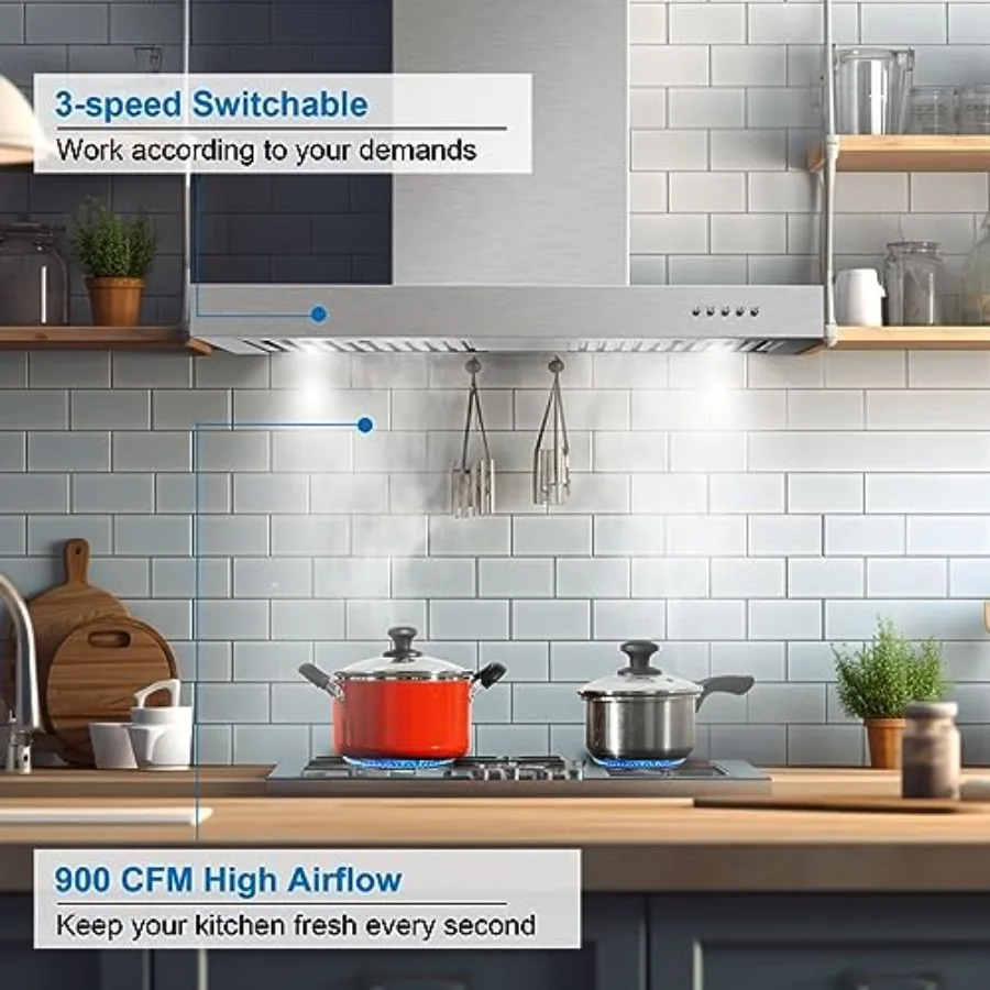 جدار جبل شفاط المطبخ 30 بوصة 900CFM تنفيس هود T شكل مع الفولاذ المقاوم للصدأ موقد هود سبليت نوع الدائم الشحوم يربك Filte