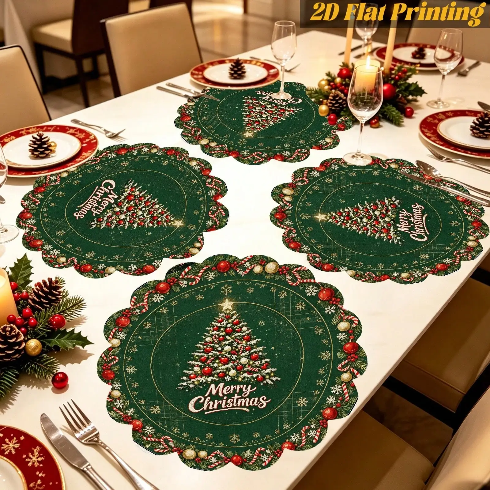 6PCS Rustic Green Xmas Tree Scalloped Edge Placemat | Single Table Use,Outdoor Camping Gathering,Photo Prop,Home Soft Furnishings,Portable Table Pad,Holiday Present | Thanksgiving & Christmas Gifts