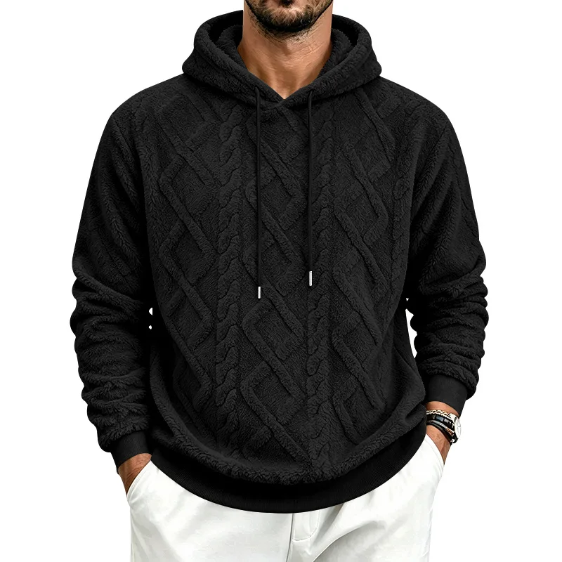 Men Diamond Cable Embossed Sherpa Fleece Hoodie, Drawstring Hood Front Pocket Fluffy Plush Pullover, Warm Long Sleeve Autumn