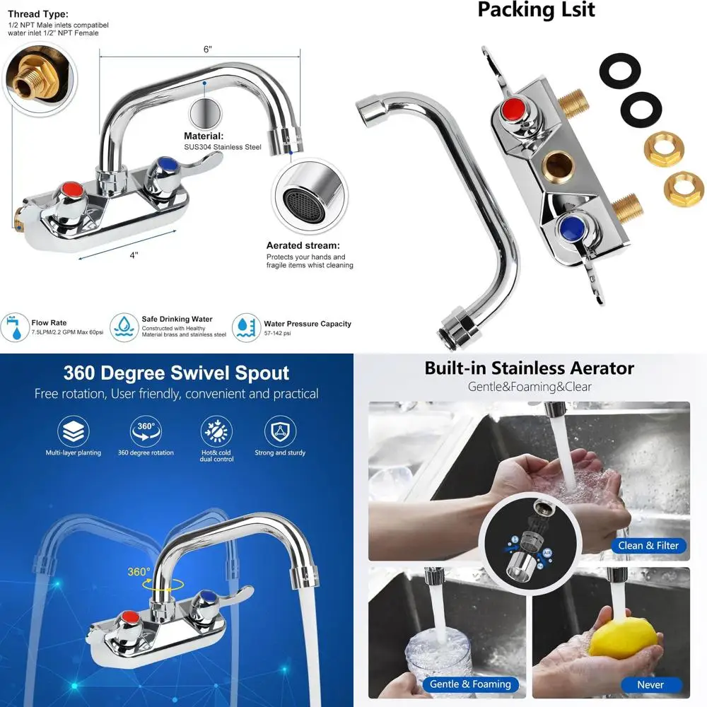 

6 Swivel Spout Dual Lever 4 Center Commercial Wall Mount Kitchen Faucet, Brass & Chrome Finish, 1/2 NPT Inlet for Bar Use