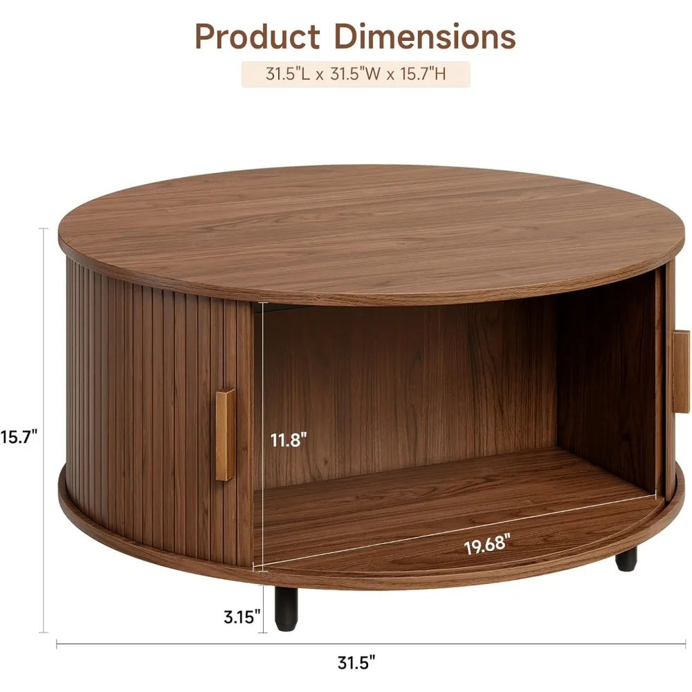 โต๊ะกาแฟทรงกลมพร้อมพื้นที่เก็บของ โต๊ะกาแฟทันสมัยขนาด 31.5 นิ้ว หมุนได้ 360 องศา °   ประตูบานเลื่อนโค้ง, โต๊ะกาแฟไม้แบบมีร่อง