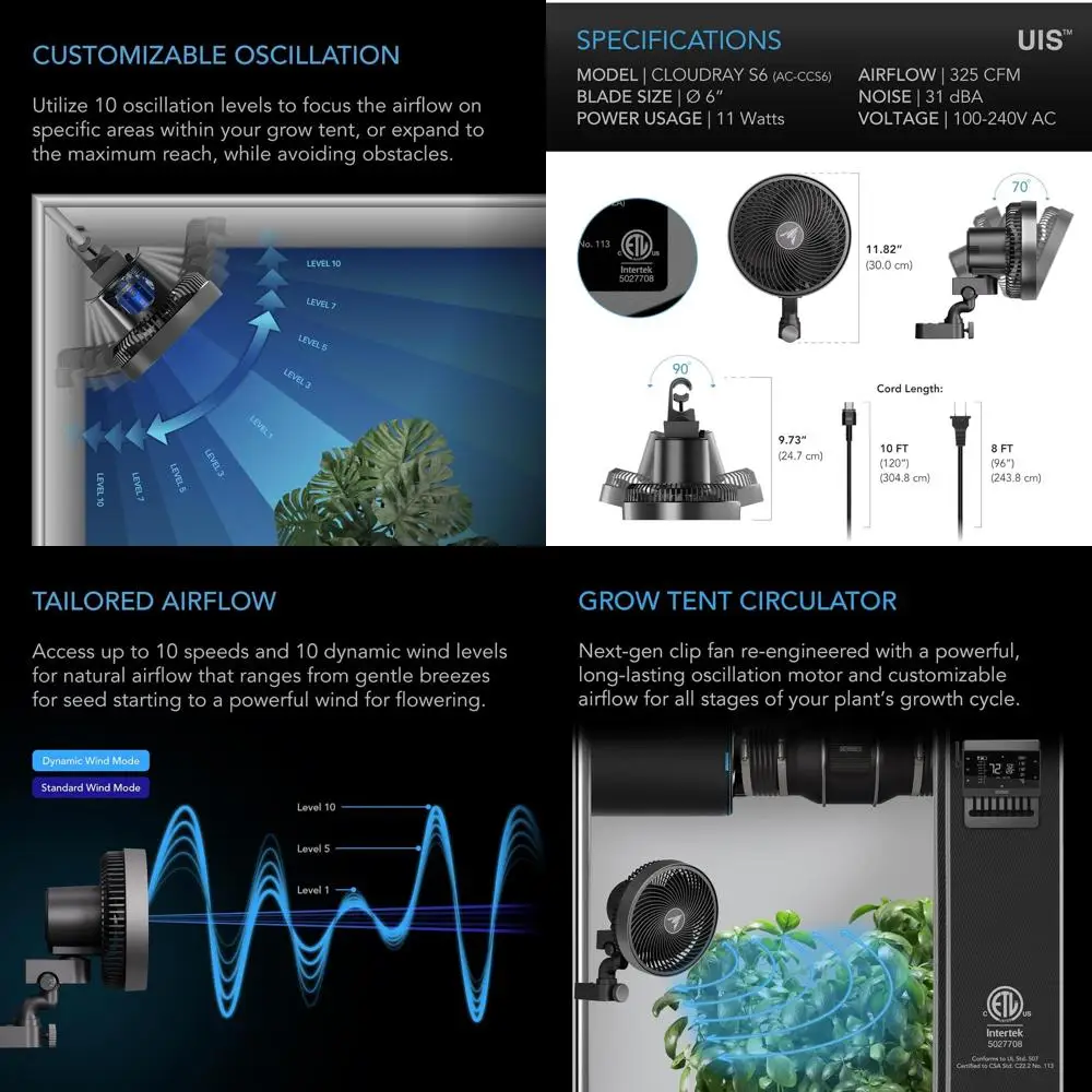 

6 Grow Tent Air Circulation Fan with Long-Lasting EC Motor, 10 Adjustable Speeds, Oscillation, Weatherproof IP54 for Hydroponics