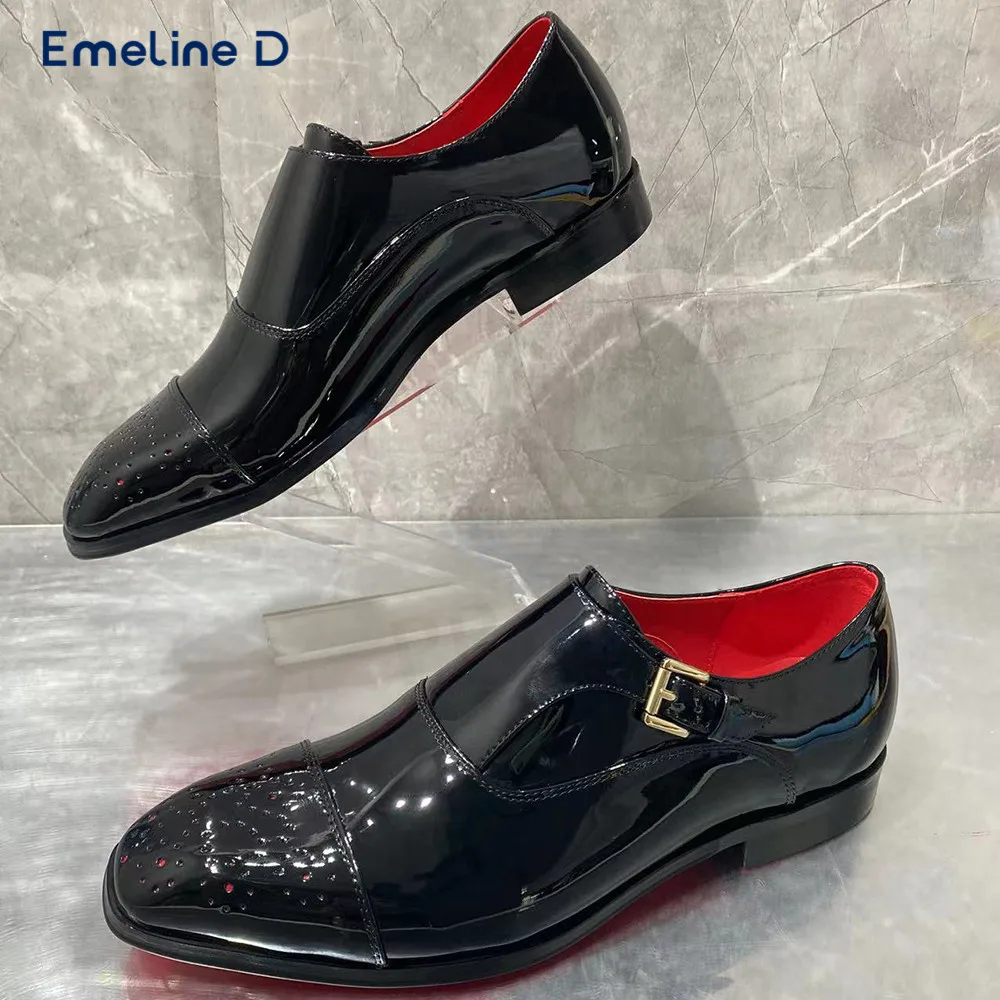 Sapatos de negócios de couro de patente preto com fivela de cinto deslizamento-em sapatos formais de alta qualidade personalidade moda tendência sapatos masculinos