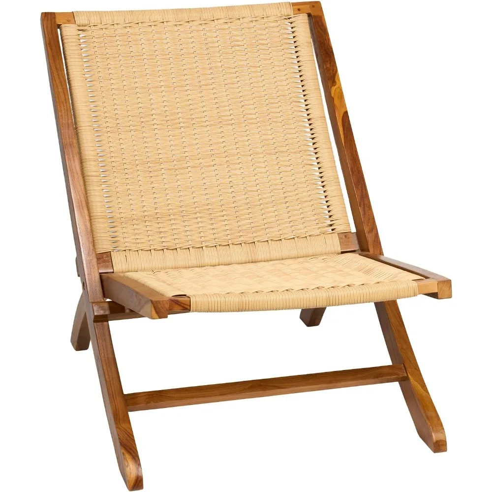 

Teak Rattan Lounge Chair – Foldable, Handcrafted Solid Wood Accent Chair with Woven Seat – Mid-Century Modern Recliner for Indo