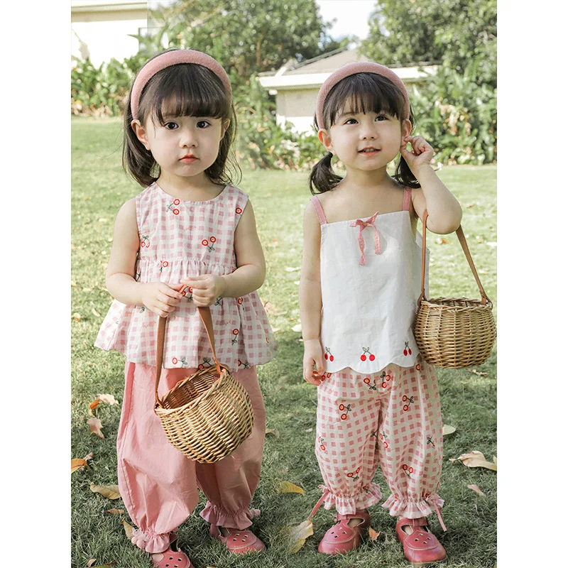 

Girls' Fashion Pants Cherry Suspender Baby Doll Shirt Top New Summer Children's Casual Pants