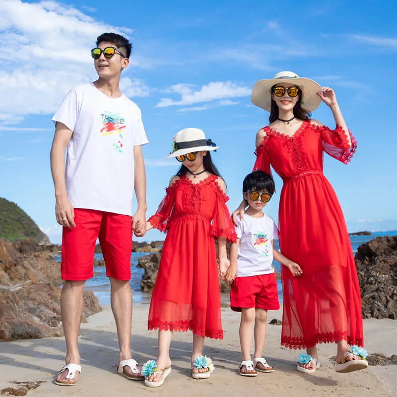 Vacation Look Family Matching Holiday Clothing Beach Daughter and Mom Red Dresses Son and Dad T Shirts Shorts 2 Piece Outfits