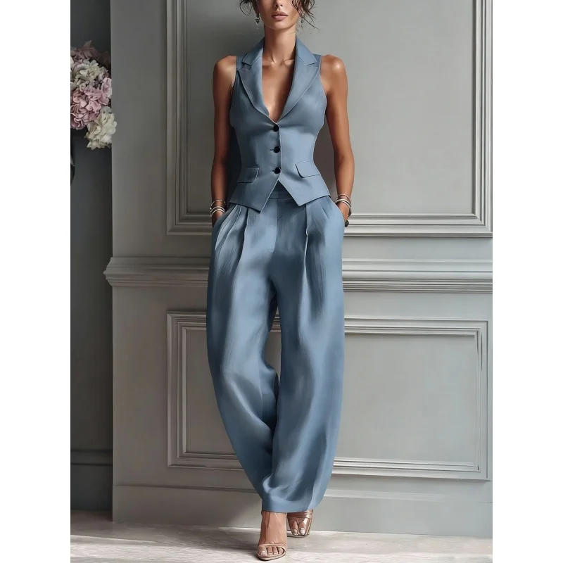 Damen 2-teiliges Outfit, ärmellose Weste mit Revers, hochtaillierte Hose mit weitem Bein, elegantes Büro-Formalanzug-Set, Business-Party-Partnerlook – Detail 4
