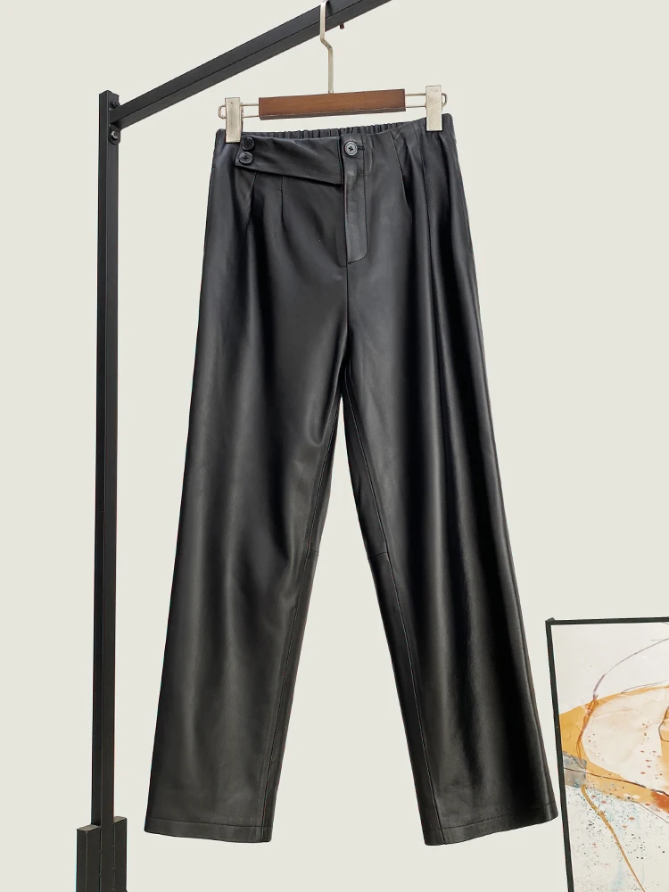 Winter New High Quality Genuine Leather Pants Women's Waist Sheepskin Cropped Simple All-Matching Straight