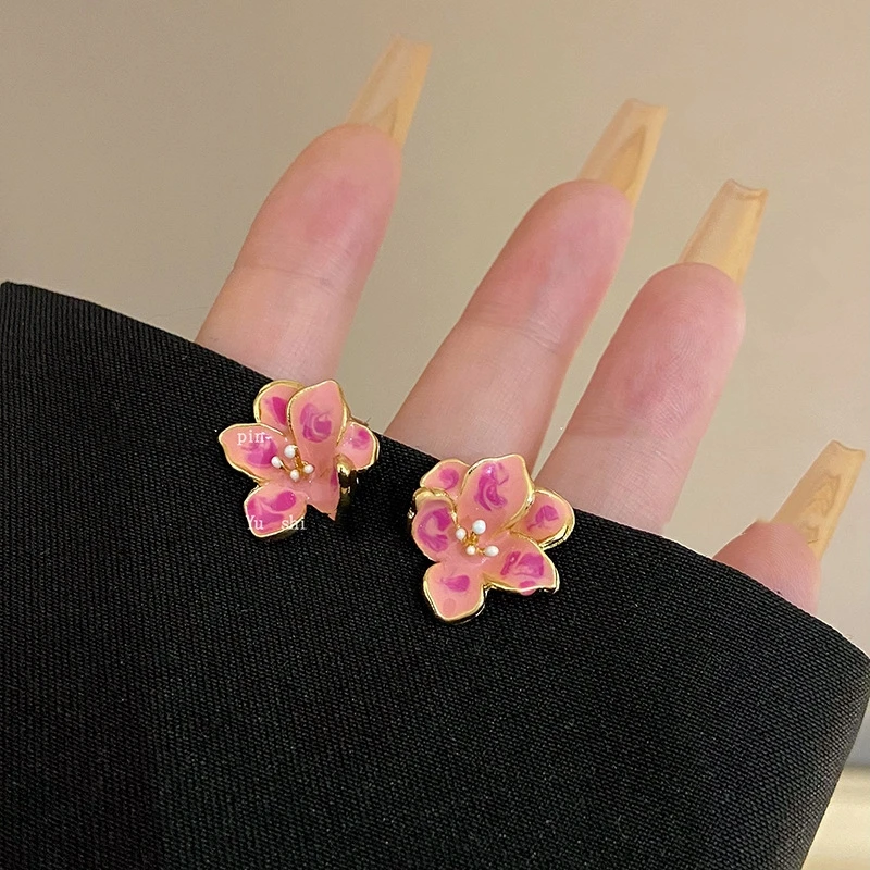 pink floral women's small earrings sweet flower petals korean fashion ear jewelry lrregular mini plant element ear studs
