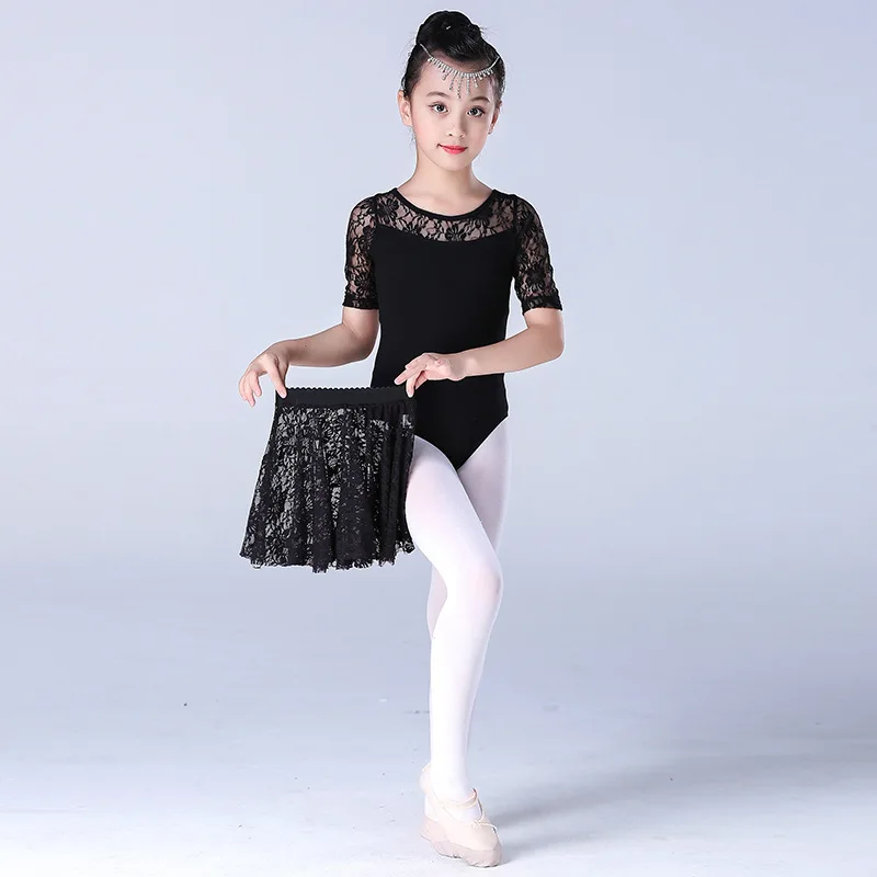 New children's dance dress girls short sleeve tutu children's summer training dress Latin dance lace costume