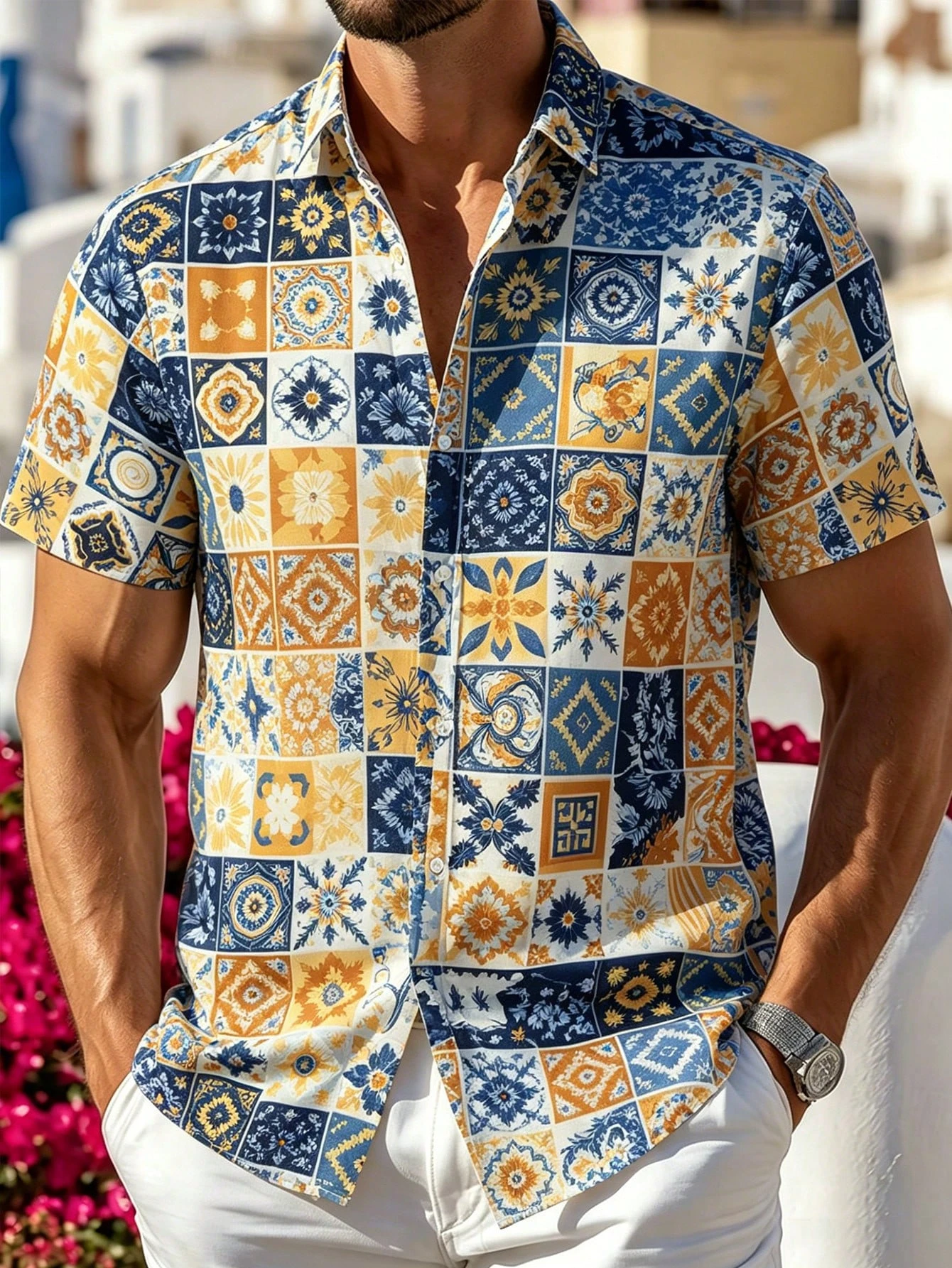 Men Blue Yellow Mediterranean Tile Floral Plaid Print Short Sleeve Shirt Turn‑down Collar Button Up Beach Vacation Casual Shirts