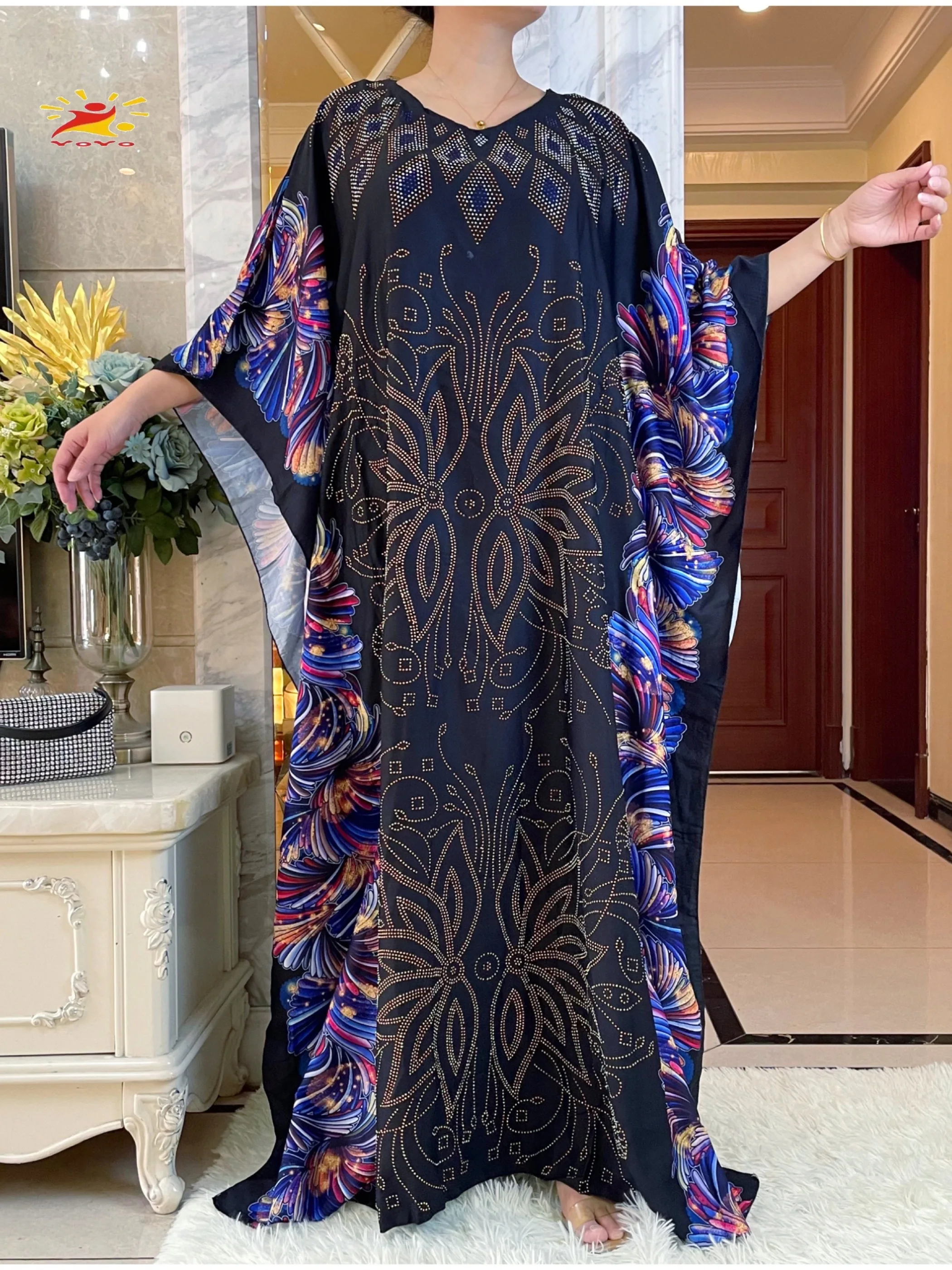 2023Summer Muslim Women\'s Batwing Sleeve Abaya Turkey-African Worship Robe Dashiki Flowers Pattern Print  Islam Arab Dress