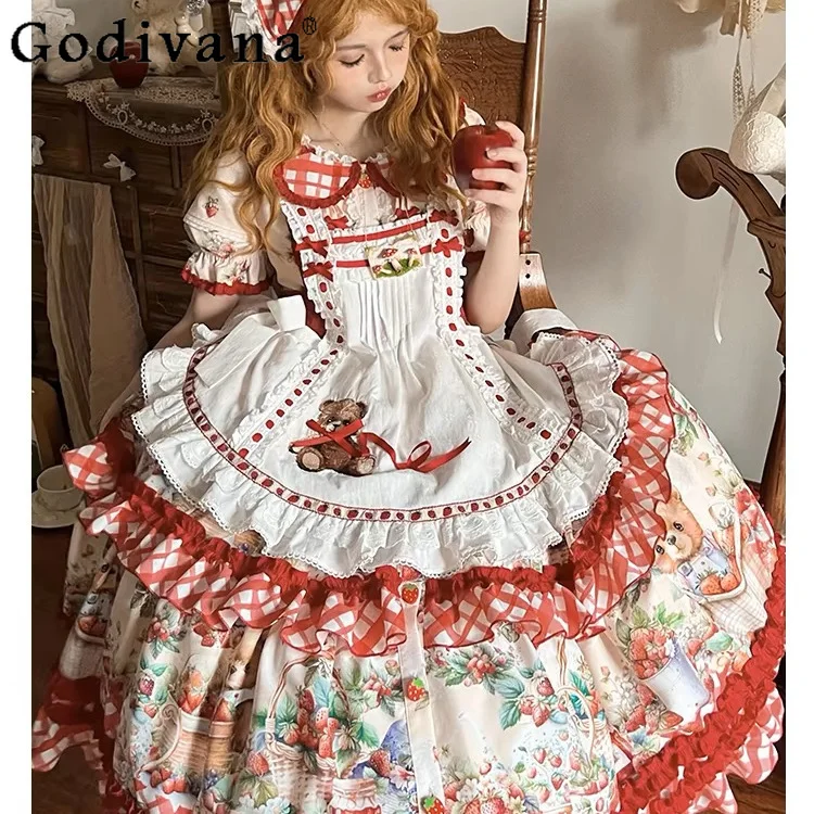 Princess Tea Party Lolita ชุดสาวผู้หญิงน่ารักสตรอเบอร์รี่หมีพิมพ์หวาน Kawaii ชุดวันเกิดชุดผ้ากันเปื้อน Loli Cos ชุด