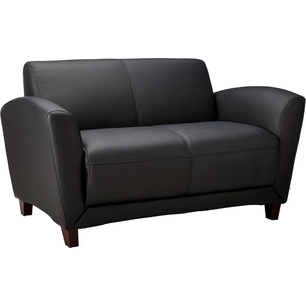 

Black Bonded Leather Reception Loveseat with Mahogany Legs 55 X 22 X 31.25 Accessories Included for Office Or Waiting Room