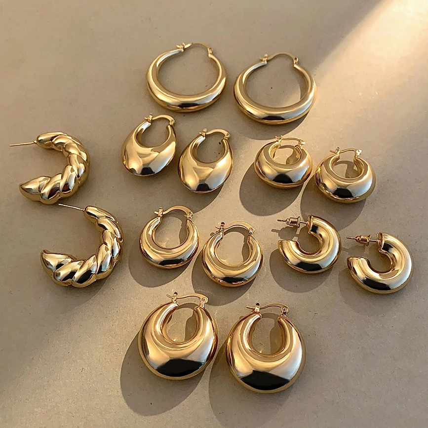 

Vintage Gold Color Chunky Round Circle Hoop Earrings Punk Stainless Steel Small Twist Circle Huggie Ear Buckle Jewelry Bijoux