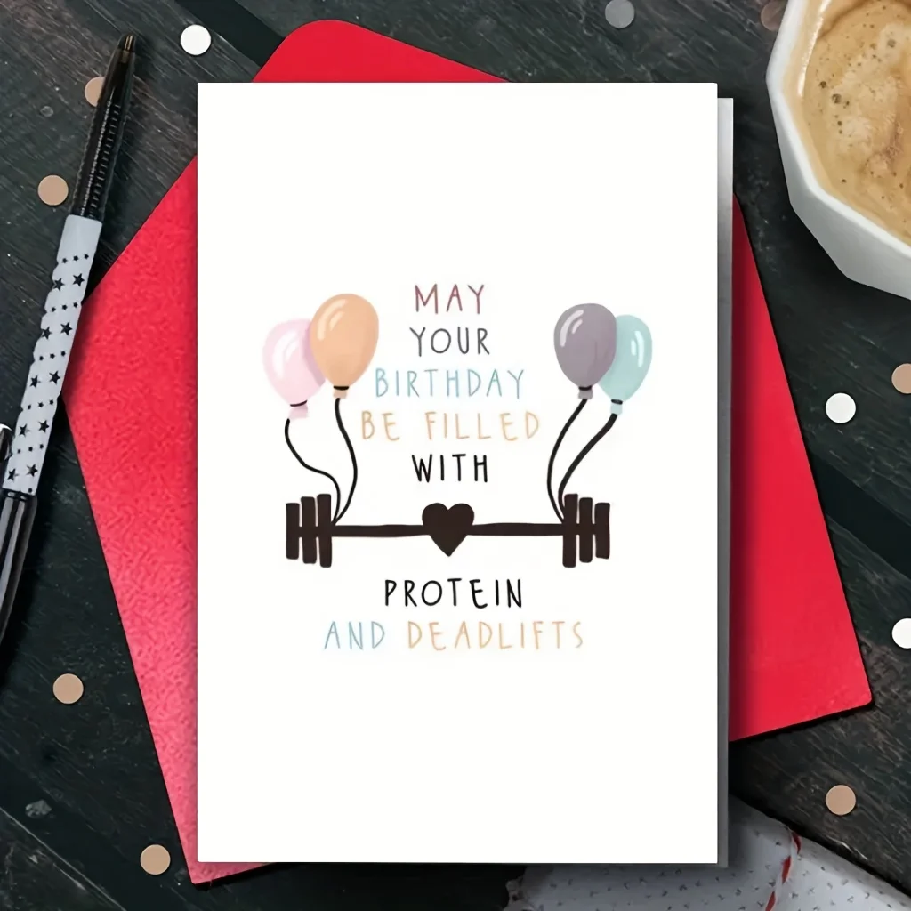 Tarjeta de cumpleaños con temática de fitness - felicitación humorística con la frase 'lleno de proteínas y levantamiento de pesas', un regalo para los entusiastas del fitness